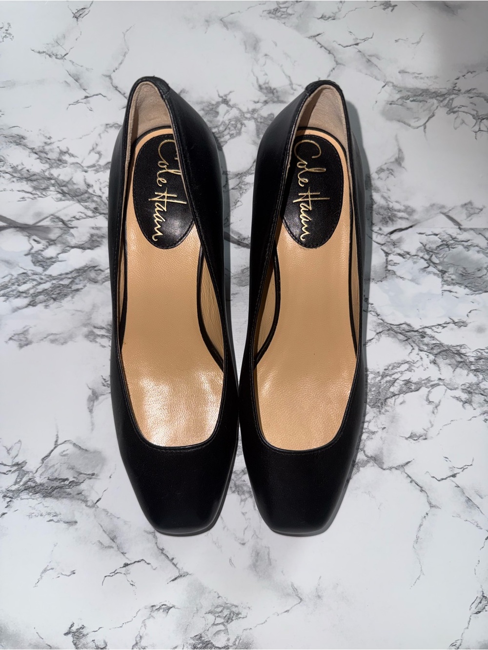 Cole Haan Black Leather Square-Toe Pumps
